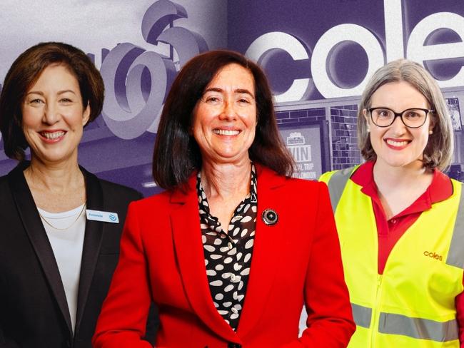 Digital mock-up of Woolworths CEO Amanda Bardwell (left), ACCC chair Gina Cass-Gottlieb and Coles CEO Leah Weckert [4x3]