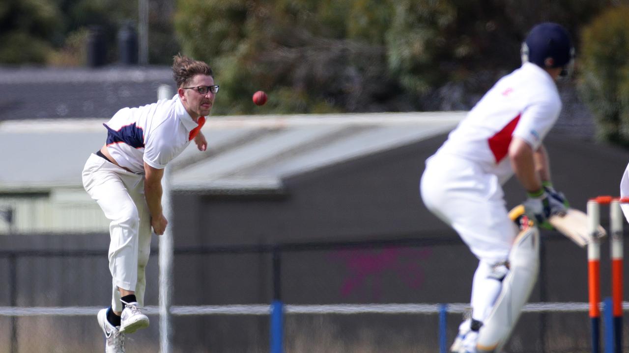 Collendina’s Andrew Higgins bowls against Ocean Grove. Picture: Peter Ristevski