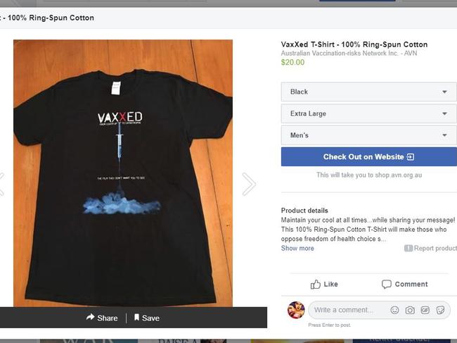 T-shirts being sold by an Australian anti-vaccination group on its Facebook page.