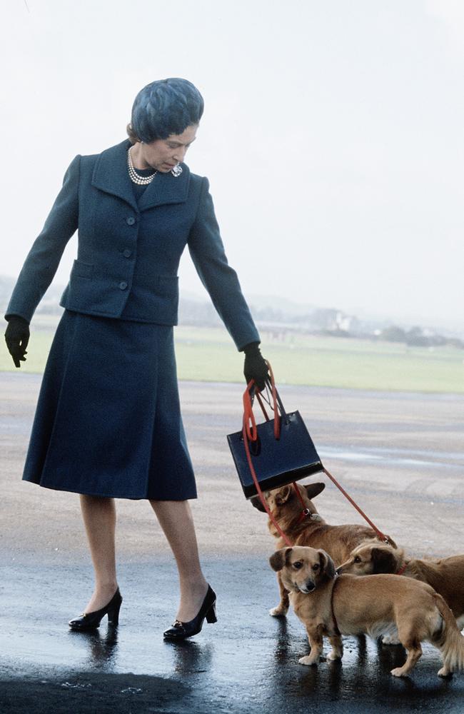 Queen Elizabeth II arrives at Aberdeen Airport with her corgis to start her holidays in Balmoral, Scotland in 1974. Picture: Getty Images