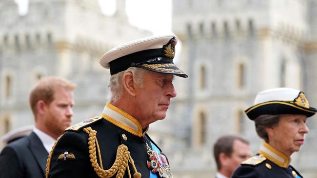 Prince Harry, left, King Charles and Princess Anne at the Committal Service at St George's Chapel. Picture: AFP