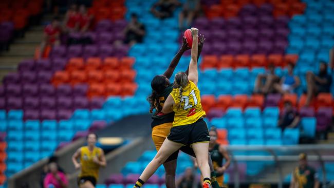 Kaitlyn Armstrong and Jasmine Ware in the St Mary's vs Nightcliff Tigers 2023-24 NTFL women's qualifying final. Picture: Pema Tamang Pakhrin