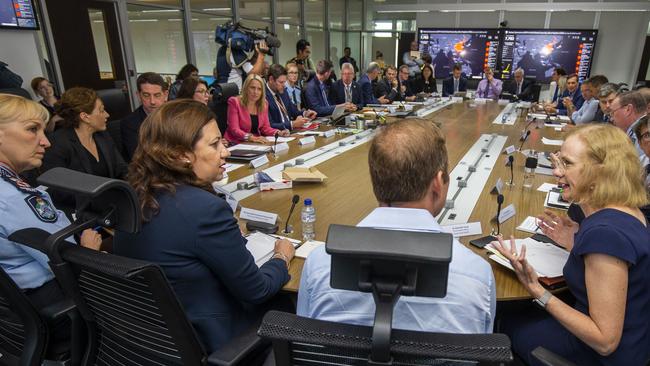 Queensland Premier Annastacia Palaszczuk chairs a meeting of the Queensland Disaster Management Committee. Picture: Glenn Hunt/AAP