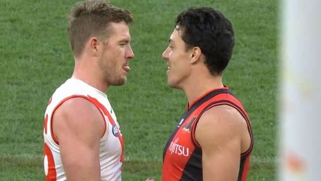 Luke Parker and Dylan Shiel bury the hatchet. Photo: Fox Sports.