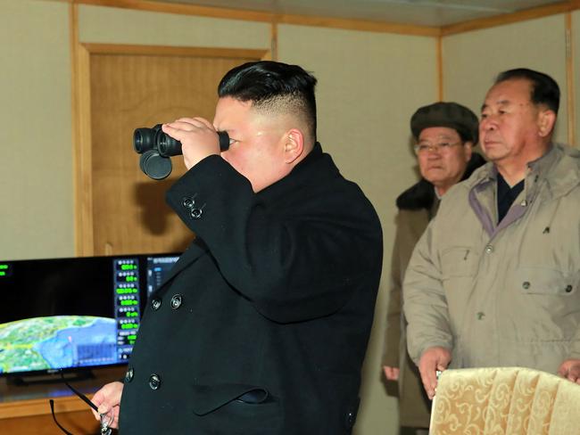 North Korean leader Kim Jong-Un inspecting the test-launch of a surface-to-surface medium long-range ballistic missile Pukguksong-2 at an undisclosed location. Picture: AFP