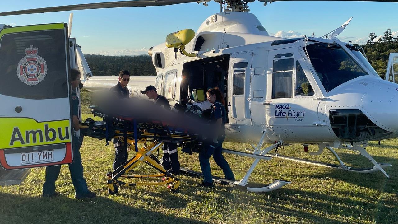 The Bundaberg-based RACQ LifeFlight Rescue helicopter crew has taken a man to hospital, after he was injured in a quad bike crash.