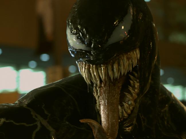 Tom Hardy is overtaken by an alien symbiote known as Venom in a scene from superhero film Venom.