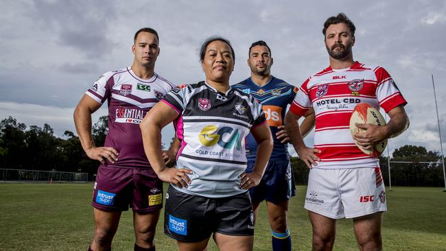 Hayden Schwass (Burleigh Intrust Super Cup), Josina Singapu (Tweed SEQ women’s division one), Ryan James (Titans NRL) and Phil Ramage (Currumbin Ealges A-grade). Picture: Jerad Williams