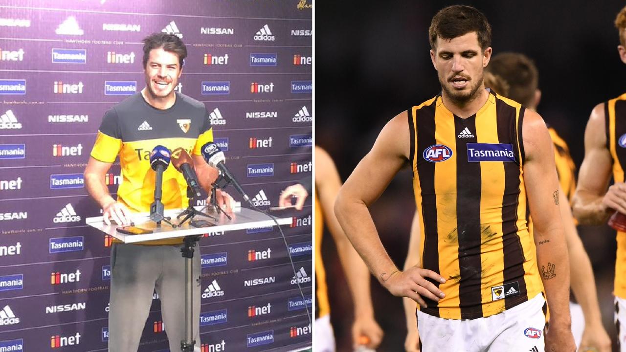 Isaac Smith has been slammed for his handling of a press conference on Monday. Left photo via @HawthornFC on Twitter.