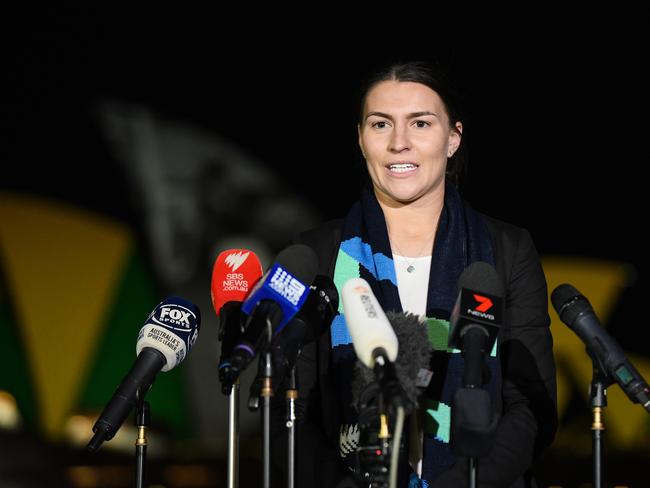 Matildas player Stephanie Catley spoke to the media just prior to the announcement. Picture: AAP