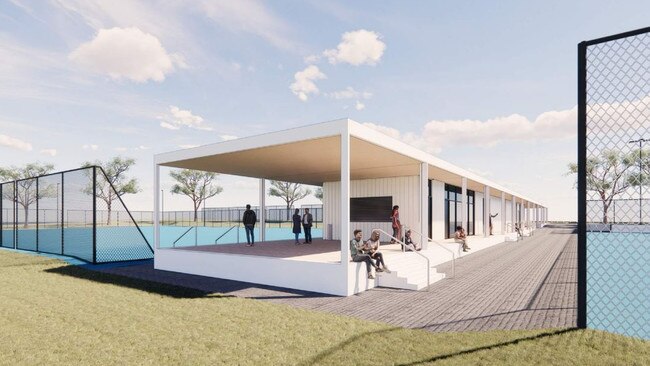 Concept image of the Netball clubrooms. Design: Studio Nine Architects