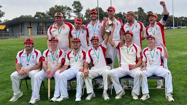 Romsey celebates its McIntyre Cup victory. Picture: Romsey CC