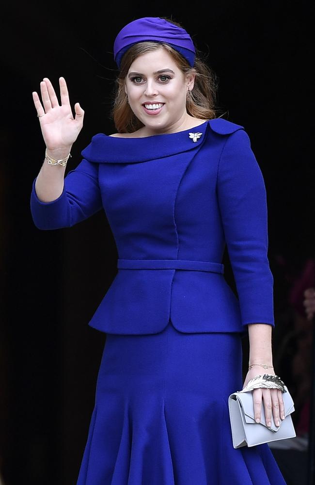 Princess Beatrice arrives for the wedding of her sister Princess Eugenie. Picture: AP