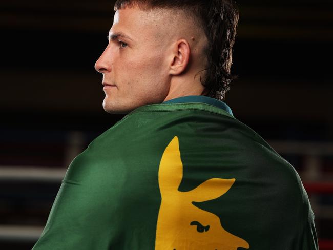 CANBERRA, AUSTRALIA - MARCH 15:  Harry Garside poses during the Australian 2024 Paris Olympic Games Boxing Squad Announcement at AIS Combat Centre on March 15, 2024 in Canberra, Australia. (Photo by Matt King/Getty Images for AOC)