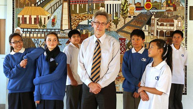 Principal of Canley Vale State High School Pat Mahoney with year 7 students