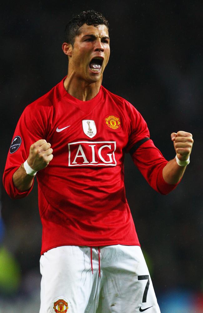 Cristiano Ronaldo of Manchester United celebrates victory in the Champions League with Man U.