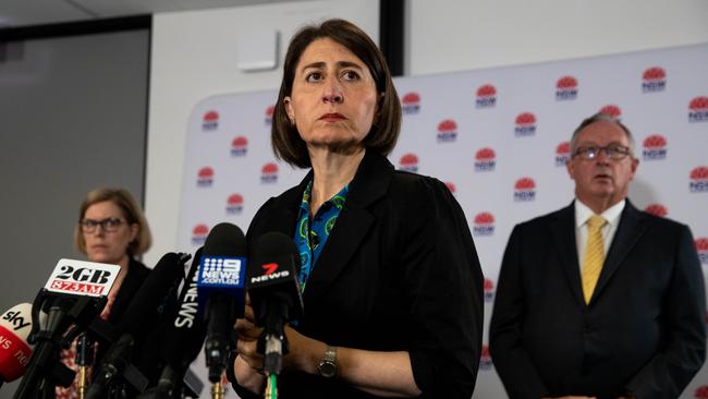 NSW Premier Gladys Berejiklian, with Chief Health Officer Kerry Chant and NSW Health Minister Brad Hazzard, at a press conference about the new cases of Covid-19 in Sydney. Picture: Janie Barrett