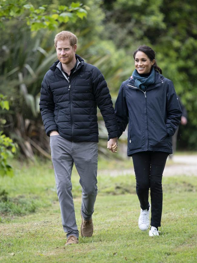 Harry and Meghan at Abel Tasman National Park yesterday. Picture: AP