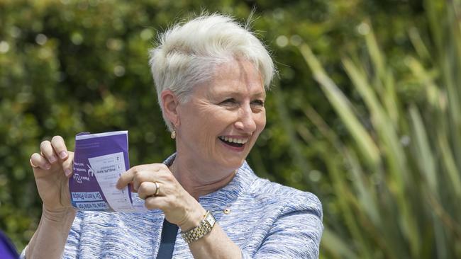 Independent candidate in the Wentworth by-election, Kerryn Phelps, at pre-polling at Waverly Oval today. Picture: Dylan Robinson