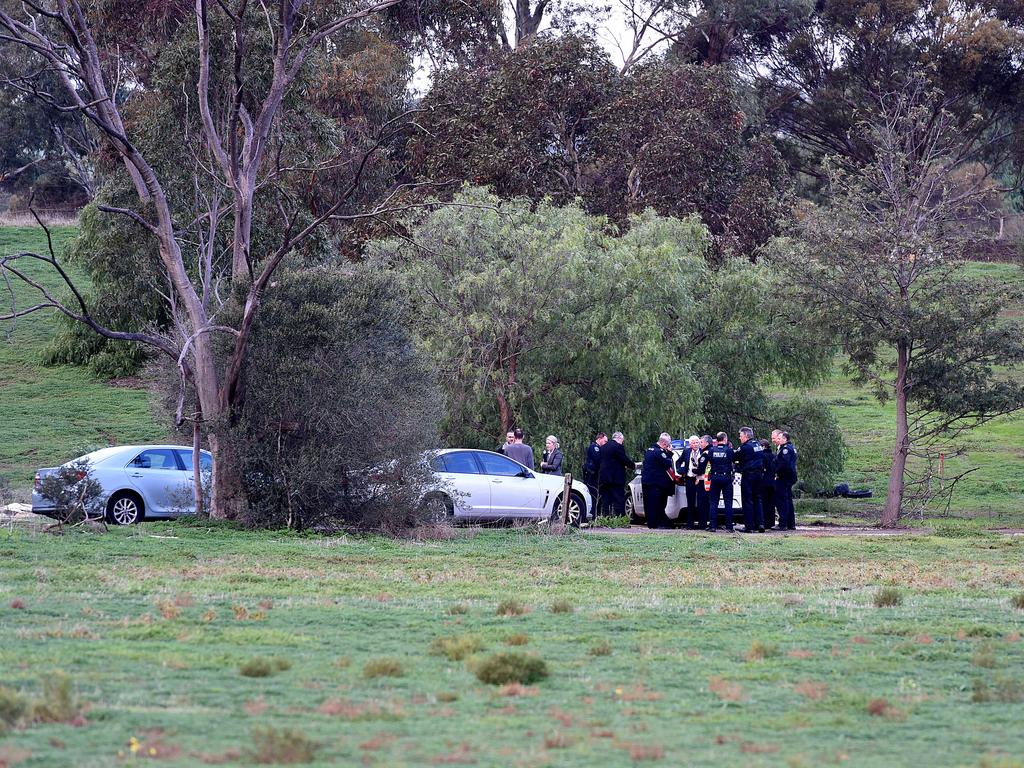 Police at the house in Hillier, in Adelaide’s north, on the day the three bodies were found. Picture: Sam Wundke