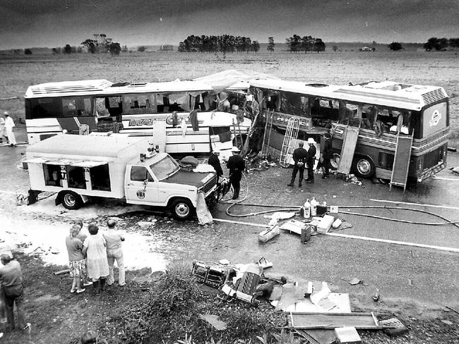 Police and rescue services on the scene of the Clybucca bus crash, near Kempsey.