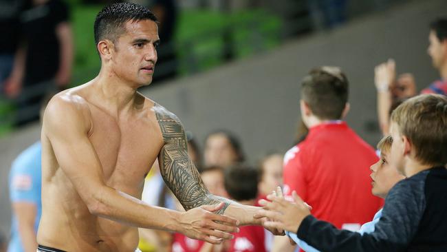 A League. Melbourne City vs Perth Glory at AAMI Stadium. Melbourne City's Tim Cahill signs autographs after game . Pic: Michael Klein