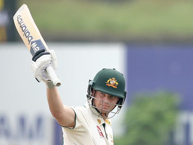 GALLE, SRI LANKA - JANUARY 29: Steve Smith of Australia celebrates after scoring his ten thousandth run during day one of the First Test match in the series between Sri Lanka and Australia at Galle International Stadium on January 29, 2025 in Galle, Sri Lanka.  (Photo by Robert Cianflone/Getty Images)