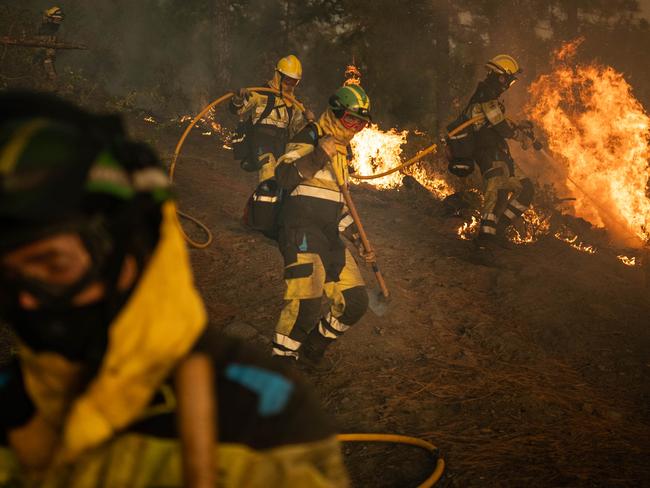 Crews battle a forest fire at dawn on the Canary Islands. The fire has forced over 4000 people from their homes. Picture: Andres Gutierrez/Anadolu Agency/Getty Images