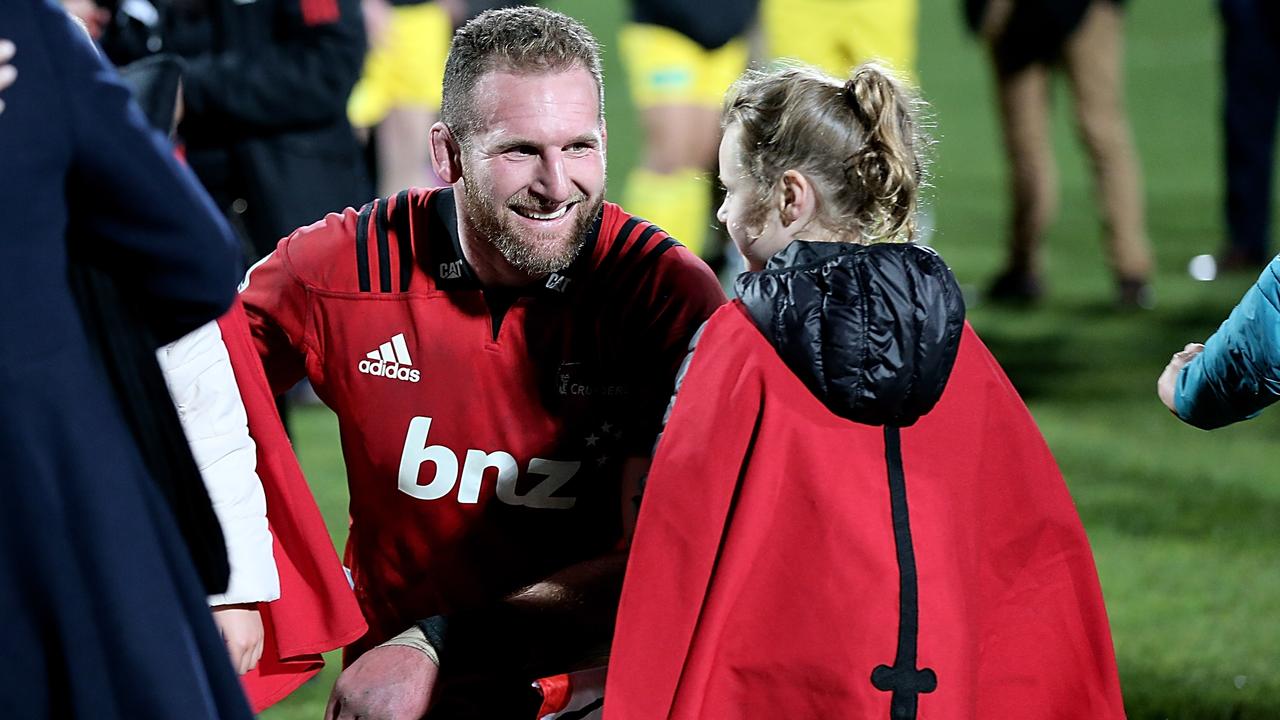 Kieran Read of the Crusaders celebrates with his daughter after the 2018 Super Rugby final.