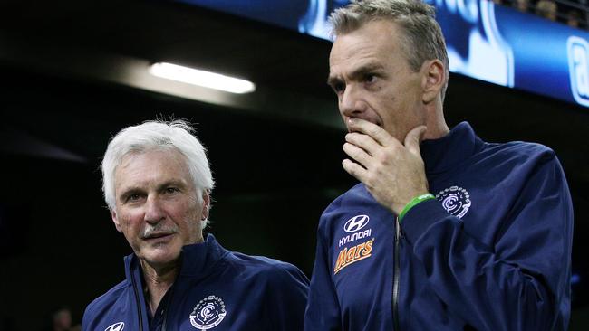 Carlton coach Mick Malthouse with assistant coach Dean Laidley. Picture: Colleen Petch