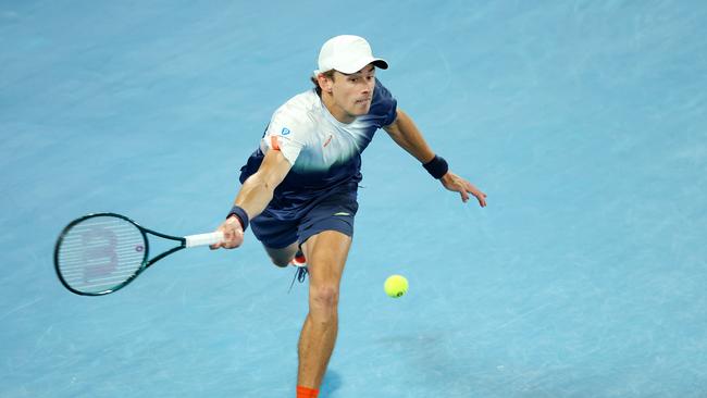 Alex de Minaur in his quarter-final loss to Italian Jannik Sinner on Rod Laver Arena on Wednesday. Picture: Mark Stewart