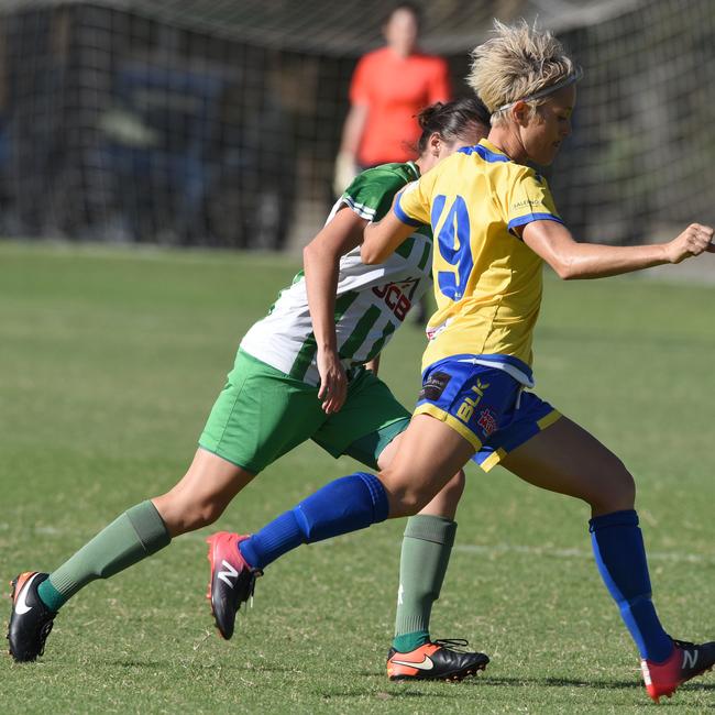 Broadbeach's Jade Bianchetti and Southport Nat Kilsby. Picture: Steve Holland