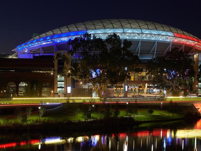 15/7/16 Adelaide Oval lit up in French colours after the terror attack in Nice, France. Picture: MATT LOXTON.