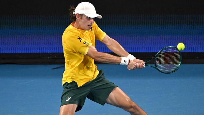 Alex de Minaur says he’s ‘got his legs back’ after a convincing win over Britain’s Billy Harris at the United Cup on Wednesday. Picture: Saeed Khan / AFP