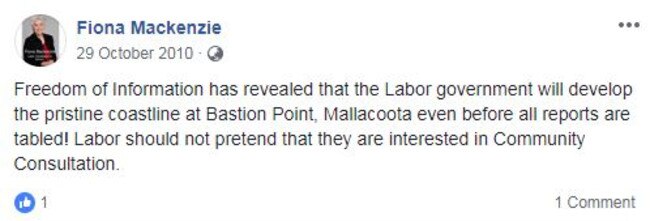 Another Facebook post by Labor candidate Fiona Mazkenzie in October, 2010.