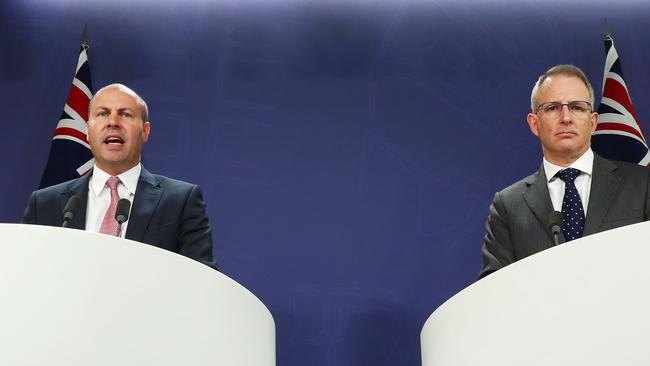 Treasurer Josh Frydenberg and Communications Minister Paul Fletcher discuss the release of the ACCC report into Google and Facebook. Picture: John Feder