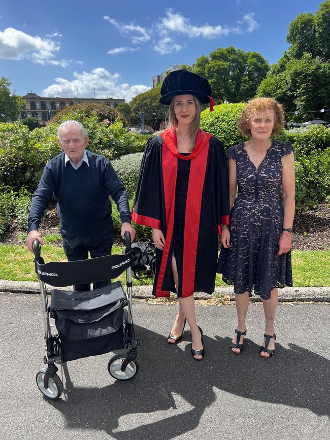 Karoly Kalmar, Dr Anna Bornemisza (Combined Master/PhD in Clinical Psychology) and Andrea Bornemisza at the University of Melbourne graduations held at the Royal Exhibition Building on Tuesday, December 17, 2024. Picture: Jack Colantuono