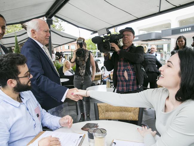 Liberal candidate Dave Sharma in Double Bay with former Prime Minister John Howard. Picture: Dylan Robinson