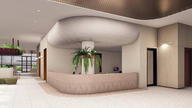 Artist impression of the lobby and cafe area for the proposed 33-storey student accommodation tower for Trinity Church on North Tce. Picture: Brown Falconer