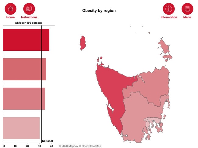 Obesity by Region in Tasmania, from the Heart Foundation's latest Heart Maps data release. Age-Standardised Rate (ASR) per 10,000 persons. Source: HEART FOUNDATION November 2020 https://www.heartfoundation.org.au/health-professional-tools/interactive-heart-map-australia