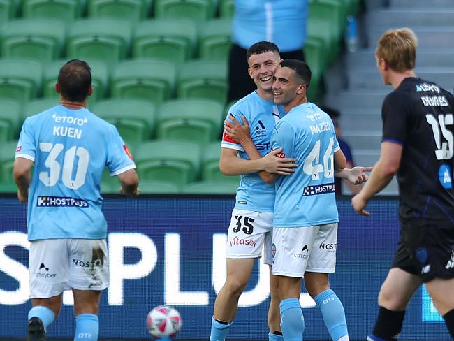 Medin Memeti of Melbourne City (C) celebrates a goal during the round eight A-League Men match between Melbourne City and Auckland FC at AAMI Park on December 15, 2024 in Melbourne, Australia. Picture: Graham Denholm/Getty Images