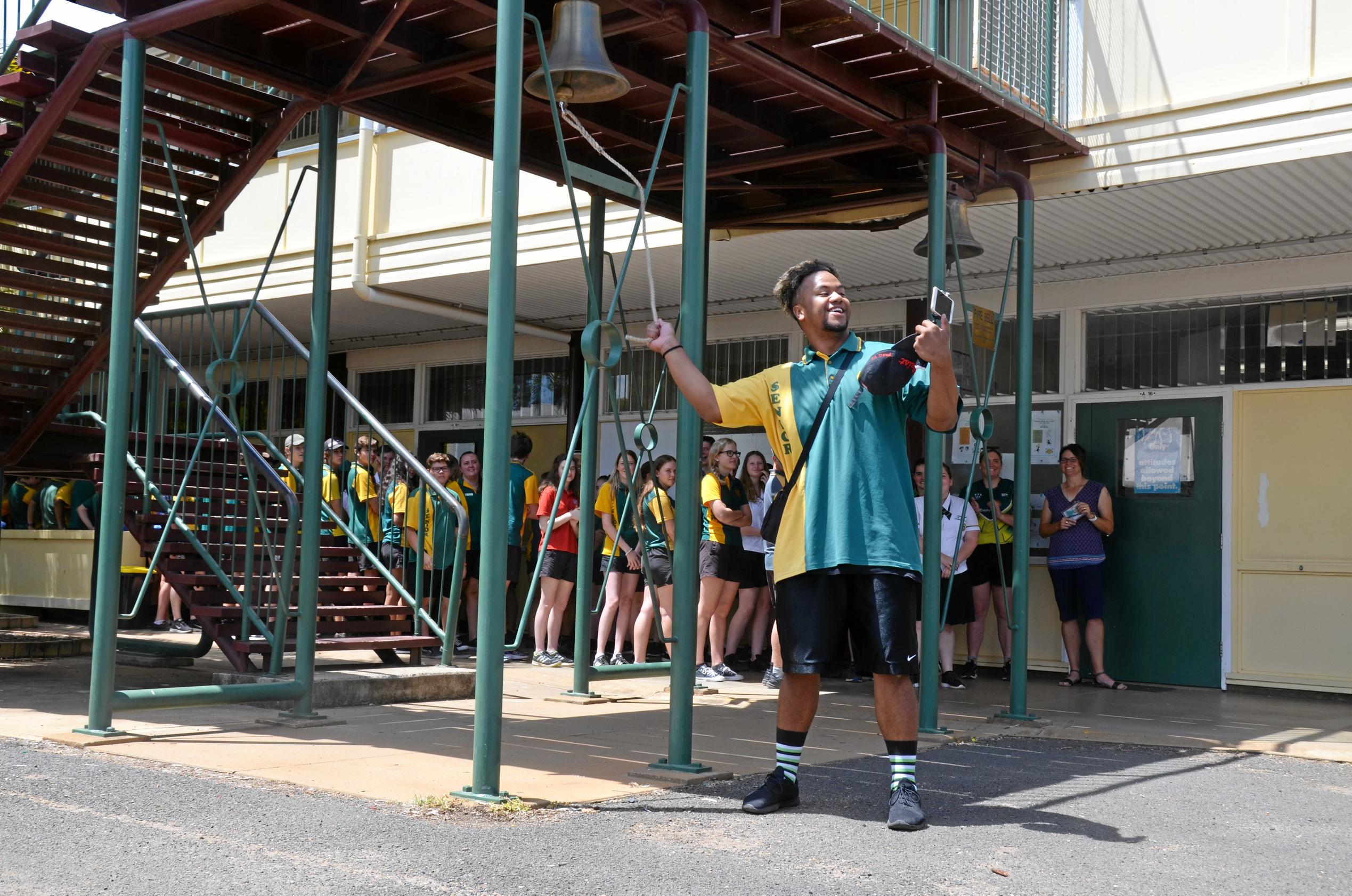 Burnett State College had 39 Year 12 graduates ring the school bell before they walked out the gates as students for the last time. Picture: Felicity Ripper