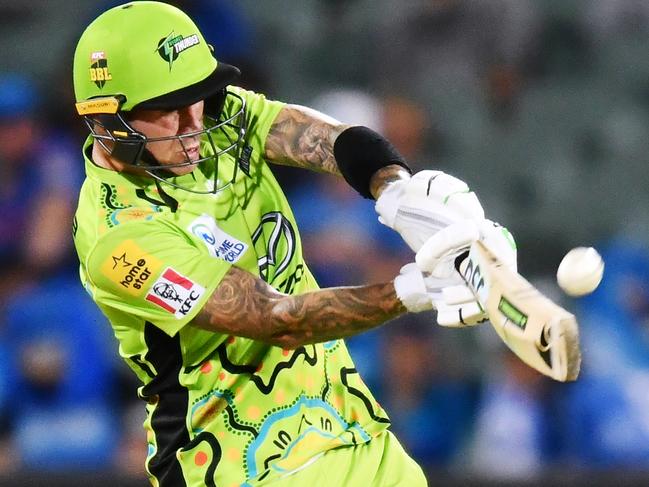 ADELAIDE, AUSTRALIA - JANUARY 25: Alex Hales of the Thunder hits six during the Big Bash League match between the Adelaide Strikers and the Sydney Thunder at Adelaide Oval, on January 25, 2021, in Adelaide, Australia. (Photo by Mark Brake/Getty Images)