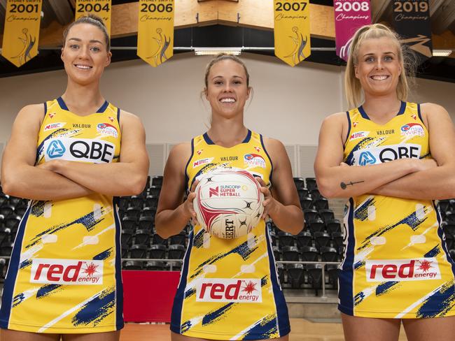 NSW Swifts Lauren Moore, Paige Hadley and Maddy Turner will put on the iconic blue and yellow dress for Heritage Round in 2021. PHOTO CREDIT: Nigel Owen.