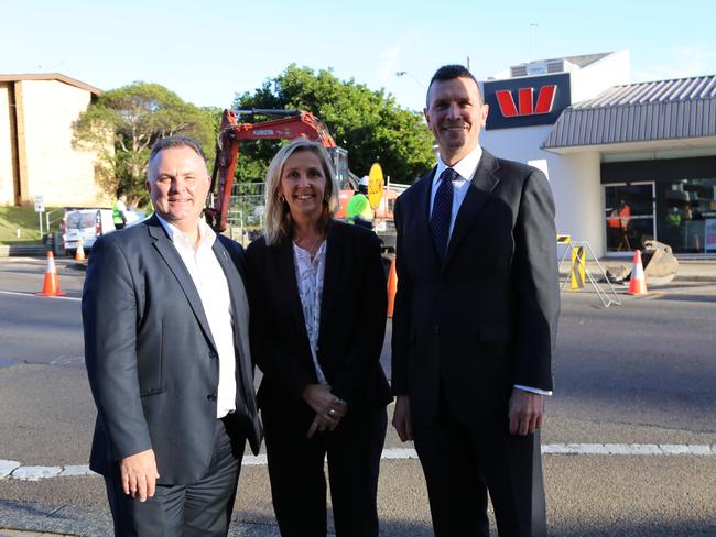 Terrigal state Liberal MP Adam Crouch, Central Coast Council Mayor Jane Smith and Mr Murphy launch the start of the Terrigal traffic flow improvement works yesterday.