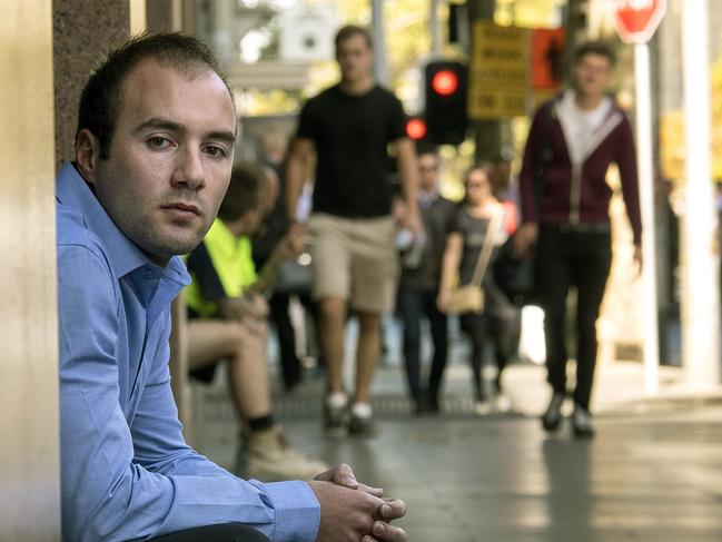 MELBOURNE,AUSTRALIA 15 APRIL 2015: Photo of Matthew Mifsud , who finished uni in June 2013 but has struggled to find a job since, outside his work in Melbourne on 15 April 2015. He has a bachelor of Science in Aviation, but says few employers understand it's business related and there are so few jobs out there he's hardly even getting interviews. THE AUSTRALIA / LUIS ENRIQUE ASCUI