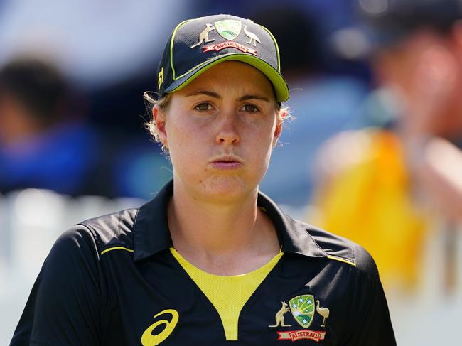 Tayla Vlaeminck of Australia looks on during the ODI Tri-Series Cricket match between Australia and India at Junction Oval in Melbourne, Saturday, February 8, 2020. (AAP Image/Scott Barbour) NO ARCHIVING, EDITORIAL USE ONLY, IMAGES TO BE USED FOR NEWS REPORTING PURPOSES ONLY, NO COMMERCIAL USE WHATSOEVER, NO USE IN BOOKS WITHOUT PRIOR WRITTEN CONSENT FROM AAP