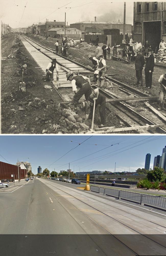 Tram tracks are laid in Sturt St, South Melbourne in May 1925, compared to the 2015 streetscape. Pictures: State Library of Victoria, Google.