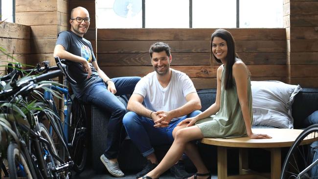 Canva co-founders Cameron Adams (left), Cliff Obrecht and Melanie Perkins (CEO).