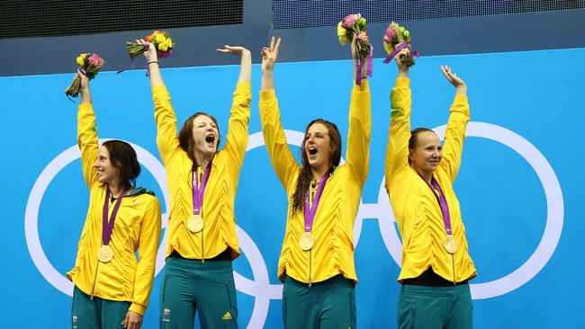 Alicia Coutts, Cate Campbell, Brittany Elmslie and Melanie Schlanger after winning gold at London